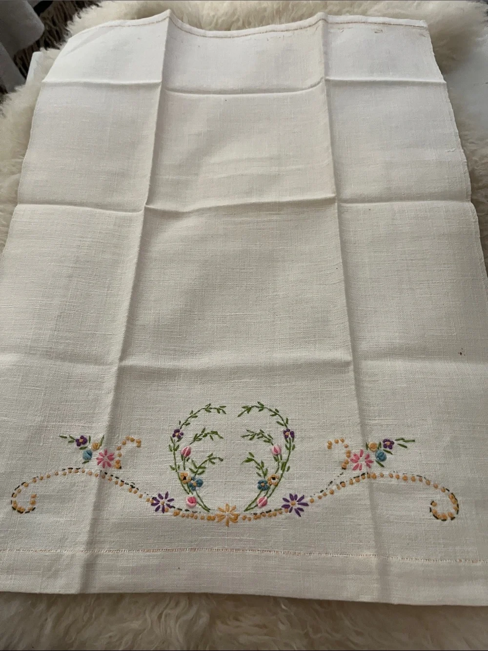 Embroidered Floral Linen Towel in White with Multicolor Flowers